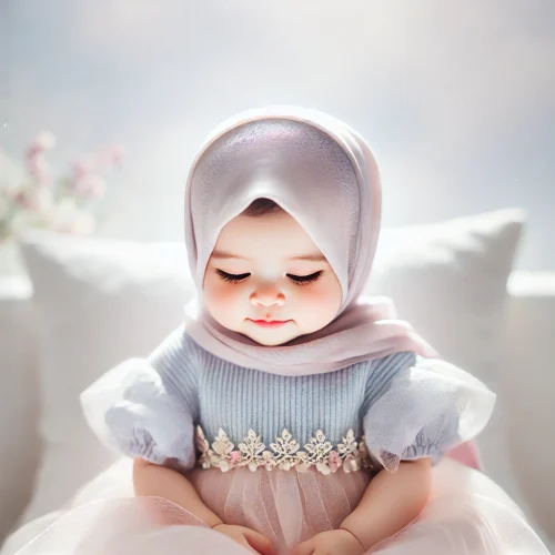 DALL·E 2025-01-15 12.56.44 – A beautiful and serene image of a Muslim baby girl, wearing a soft pastel-colored dress and a delicate hijab, sitting on a white cushion. The backgrou muslim girl names from quran