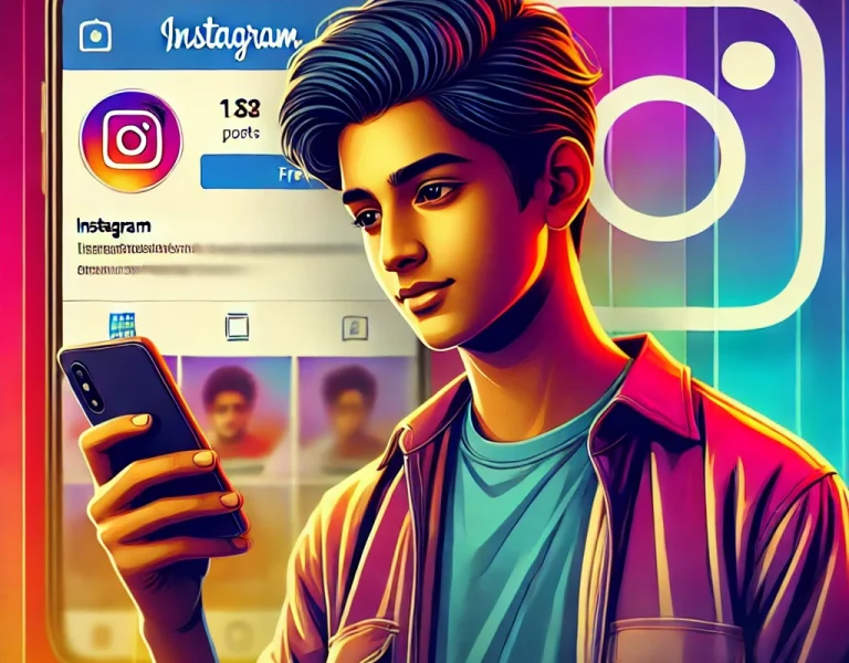 DALL·E 2025-01-21 12.59.59 – An Indian boy using Instagram on his smartphone, with a focus on the phone screen. The background features Instagram’s signature gradient colors, incl INSTAGRAM USERNAME FOR BOYS