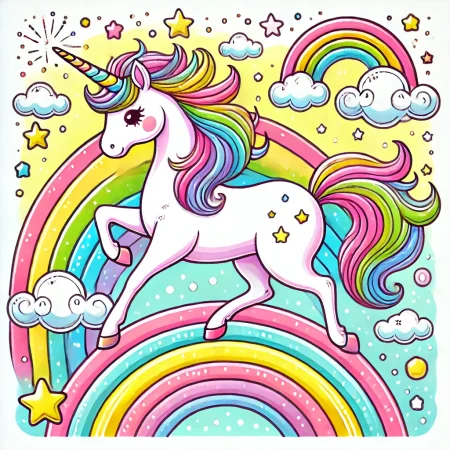 DALL·E 2025-01-29 11.49.46 – A colorful and playful unicorn illustration with a bright, magical background. The unicorn is prancing through a rainbow-colored landscape with stars unicorn coloring page