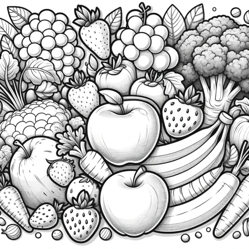 DALL·E 2025-02-11 17.54.13 – A high-quality, copyright-free digital illustration of a variety of fruits and vegetables arranged in a fun, artistic way. The image includes apples, fruits and vegetables coloring pages